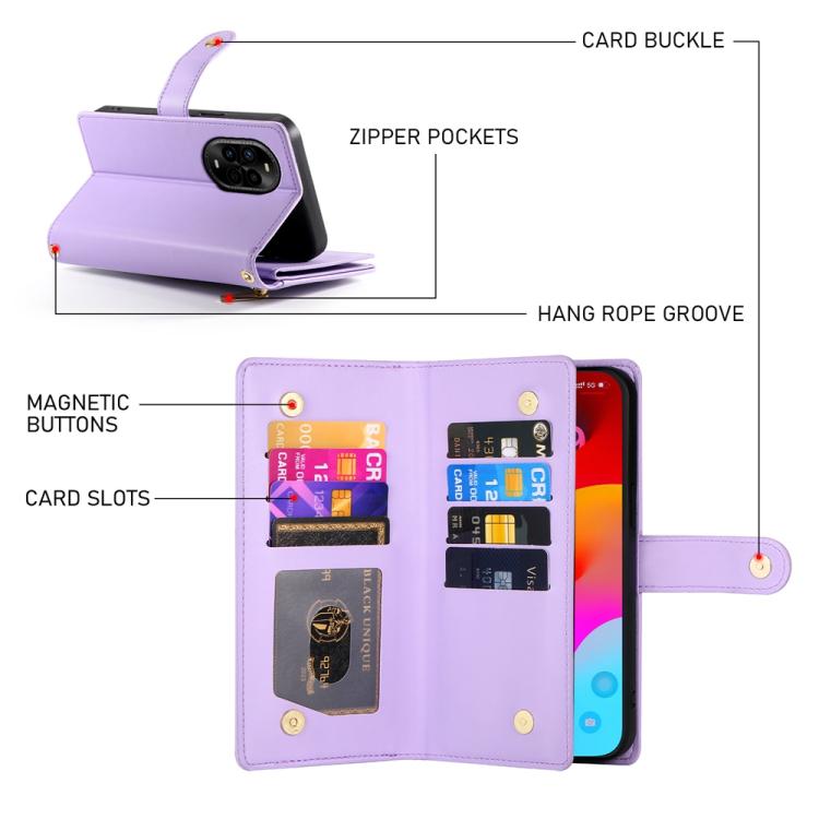 Funda de Cuero para Huawei Nova 13 Pro con 9 Ranuras para Tarjetas y Cremallera (Morado)
