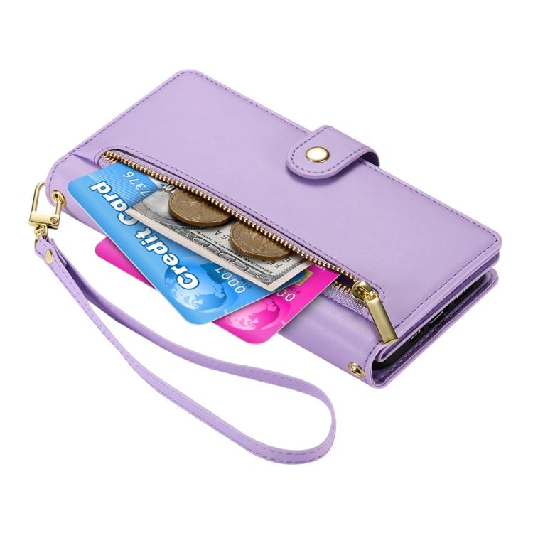 Funda de Cuero para Huawei Nova 13 Pro con 9 Ranuras para Tarjetas y Cremallera (Morado)