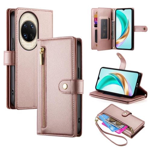 Funda de cuero con nueve ranuras para tarjetas y cremallera para Huawei nova 14 Ultra (rosa)
