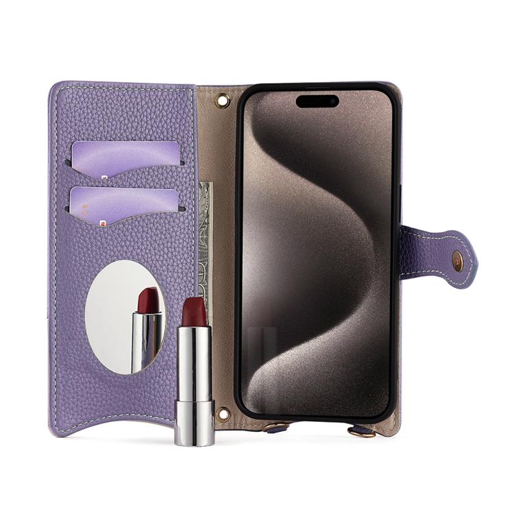 Funda de Piel de Lichi iPhone 15 Pro Max Diseño Cola de Pez y Cadena Cruzada (Morada)