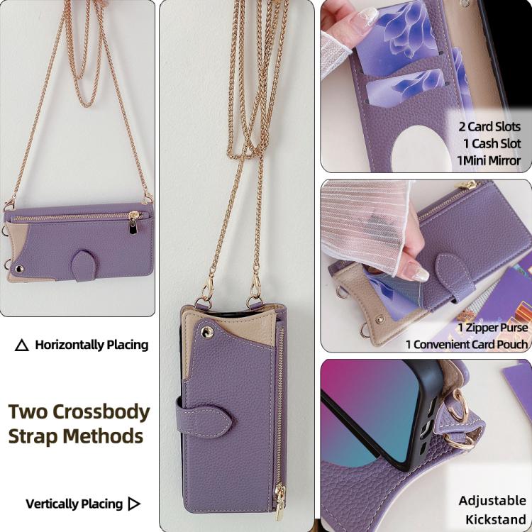 Funda de Piel de Lichi iPhone 15 Pro Max Diseño Cola de Pez y Cadena Cruzada (Morada)