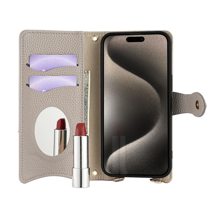 Funda de Piel de Lichi para iPhone 14 con Cadena Cruzada y Cola de Pez (Gris)