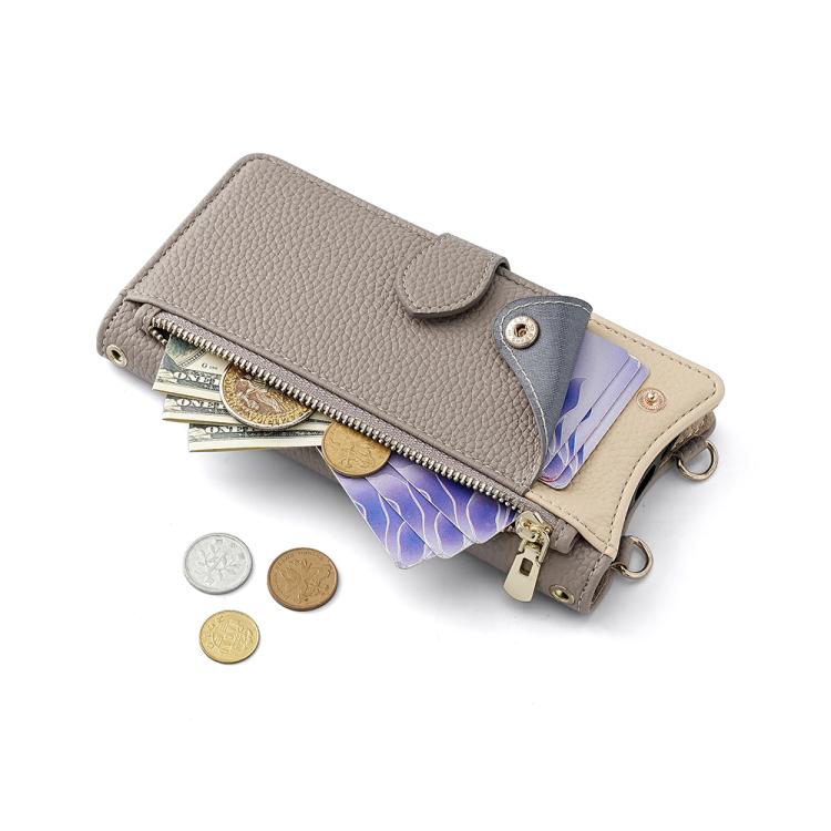 Funda de Piel de Lichi para iPhone 14 con Cadena Cruzada y Cola de Pez (Gris)