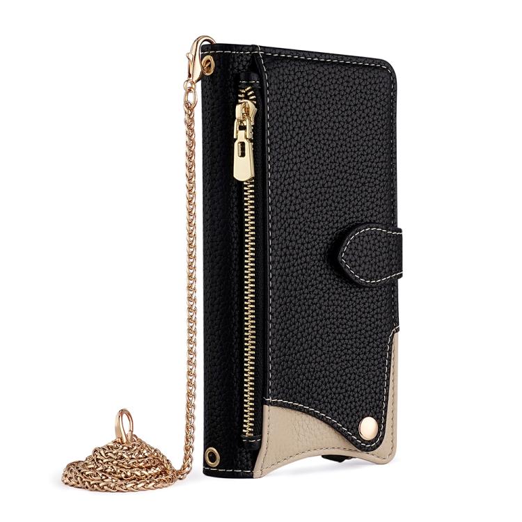 Funda de Piel de Lichi para iPhone 14 Pro con Diseño de Cola de Pez y Cadena Cruzada (Negra)