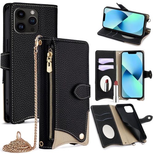 Funda de Piel de Lichi con Diseño de Cola de Pez y Cadena Cruzada para iPhone 13 Pro Max (Negra)