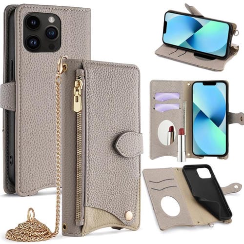 Funda de piel de Lichi con diseño de cola de pez y cadena cruzada para iPhone 13 Pro Max (Gris)