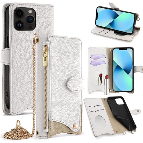 Funda de Piel de Lichi para iPhone 13 Pro Max con Diseño de Cola de Pez y Cadena Cruzada (Blanca)