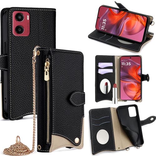 Funda de Cuero Tipo Lichi con Diseño Cola de Pez y Cadena Cruzada para Motorola Moto G05 (Negro)