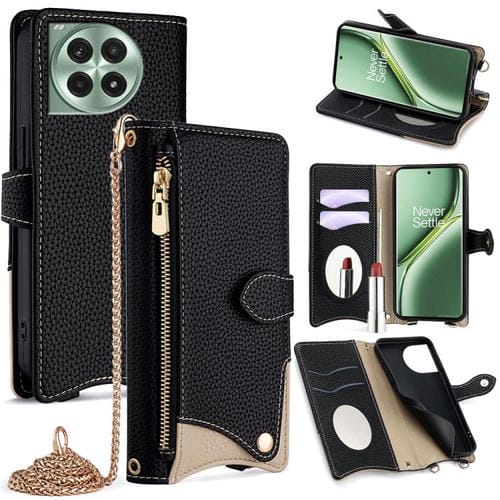 Funda de Cuero Tipo Lichi OnePlus Ace 3 Pro con Diseño Cola de Pez y Cadena Cruzada (Negra)