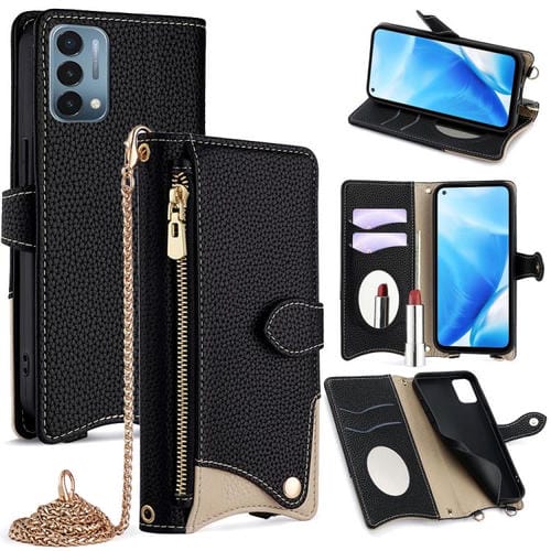 Funda de Cuero Tipo Lichi OnePlus Nord N200 5G con Diseño Cola de Pez y Cadena Cruzada (Negra)