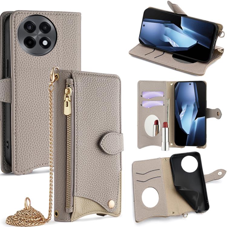 Funda de Cuero de Lichi con Diseño de Cola de Pez y Cadena Cruzada para OnePlus Ace 5 / Ace 5 Pro (Gris)