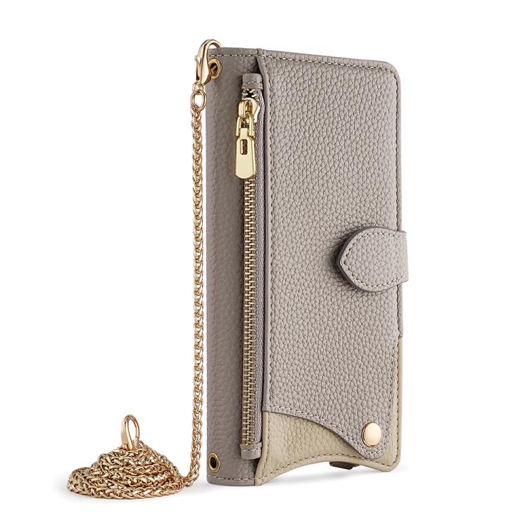 Funda de Cuero de Lichi con Diseño de Cola de Pez y Cadena Cruzada para OnePlus Ace 5 / Ace 5 Pro (Gris)