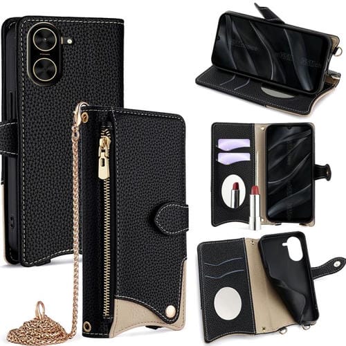 Funda de cuero lichi con cadena cruzada y cola de pez para Redmi A5 4G (171,7 mm) (negro)