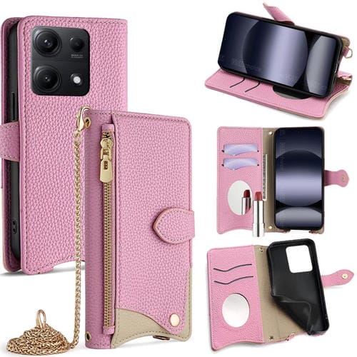 Funda de cuero con cadena cruzada y diseño de cola de pez para Redmi Note 14S 4G (rosa)