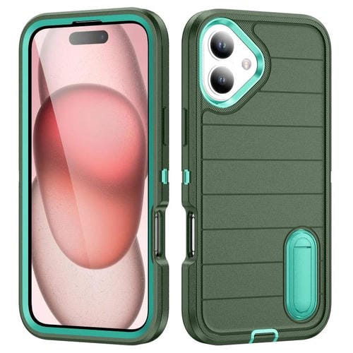 Funda de Silicona y PC Resistente con Soporte para iPhone 16 Defender Gen2 (Verde Oscuro y Cian)