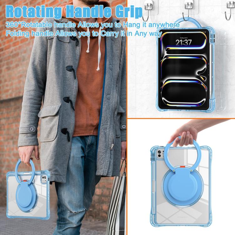 Funda Híbrida de TPU para iPad Pro 11 (2024) con Asa Giratoria y Anillo (Azul Claro)