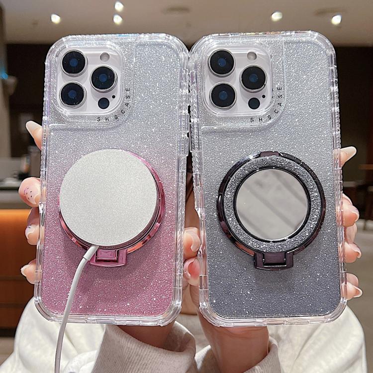 Funda para Teléfono Magsafe iPhone 14 Pro Soporte Espejo Purpurina (Plateada)