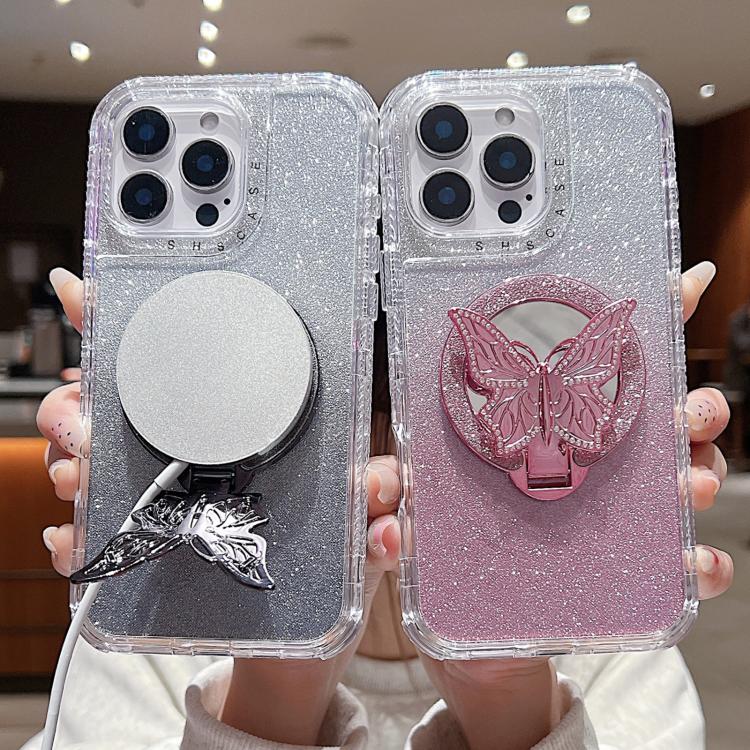 Funda para Teléfono iPhone 14 Pro Soporte Mariposa Espejo Purpurina Magsafe (Negra)