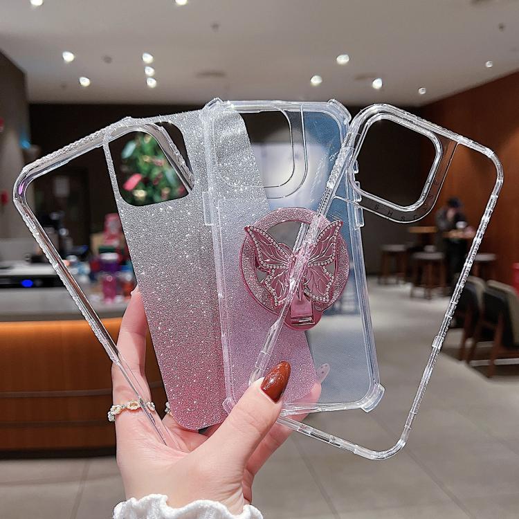 Funda para Teléfono iPhone 14 Pro Soporte Mariposa Espejo Purpurina Magsafe (Negra)