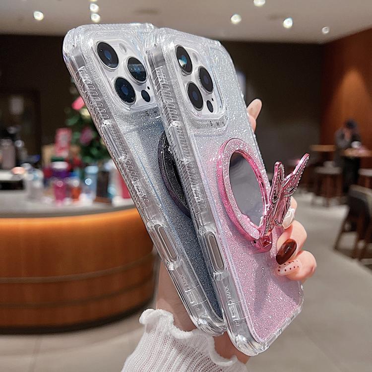 Funda para Teléfono iPhone 14 Pro Soporte Mariposa Espejo Purpurina Magsafe (Negra)