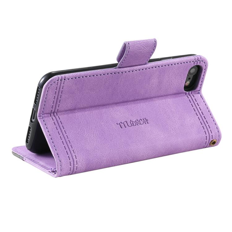 Funda de Cuero Ttudrch para iPhone 16E Empalme de Líneas En Relieve (Morado)