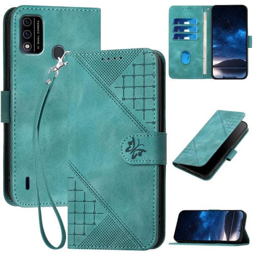 Funda de Cuero para Teléfono Itel A48 con Diseño Mariposa en Relieve y Cordón (Azul Claro)