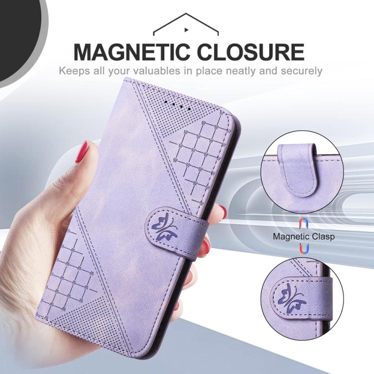 Funda de Cuero Itel A48 con Diseño de Mariposa en Relieve y Cordón (Morado Claro)