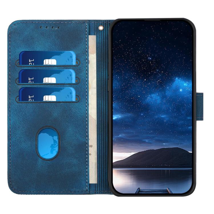 Funda de Cuero Itel A50 con Diseño en Relieve Mariposa y Cuadrícula con Cordón (Azul Oscuro)