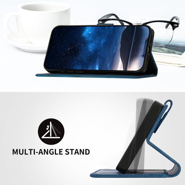Funda de Cuero Itel A50 con Diseño en Relieve Mariposa y Cuadrícula con Cordón (Azul Oscuro)
