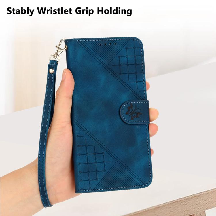 Funda de Cuero Itel A50 con Diseño en Relieve Mariposa y Cuadrícula con Cordón (Azul Oscuro)