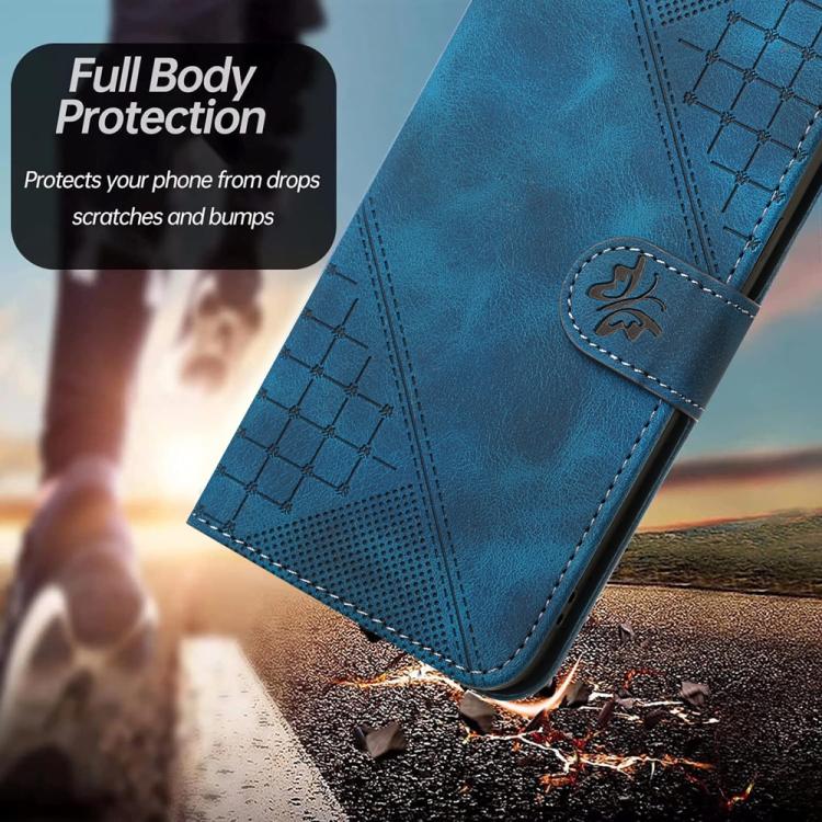Funda de Cuero Itel A50 con Diseño en Relieve Mariposa y Cuadrícula con Cordón (Azul Oscuro)