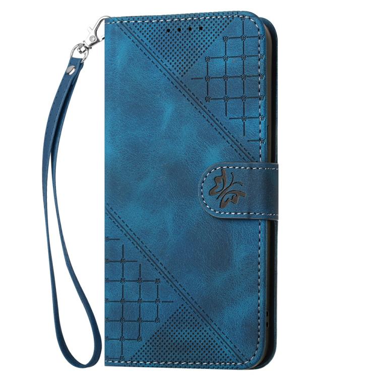 Funda de Cuero Itel S25 Ultra con Diseño Mariposa en Relieve y Cordón (Azul Oscuro)