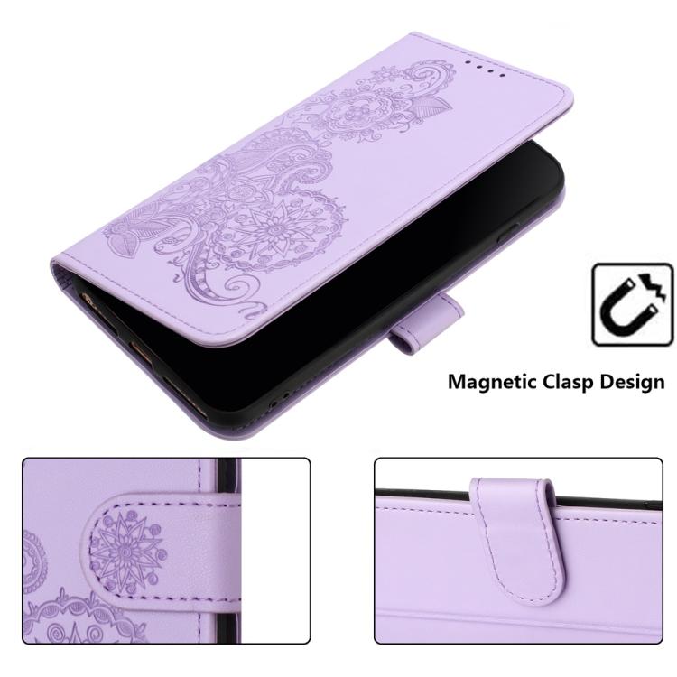 Funda de Cuero con Tapa para Teléfono Itel A48 con Relieve de Flor de Datura (Morado)