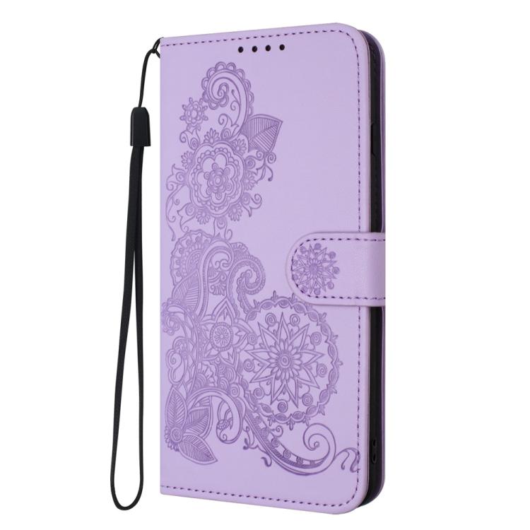 Funda de Cuero con Tapa para Teléfono Itel A50C con Relieve Flor de Datura (Morado)