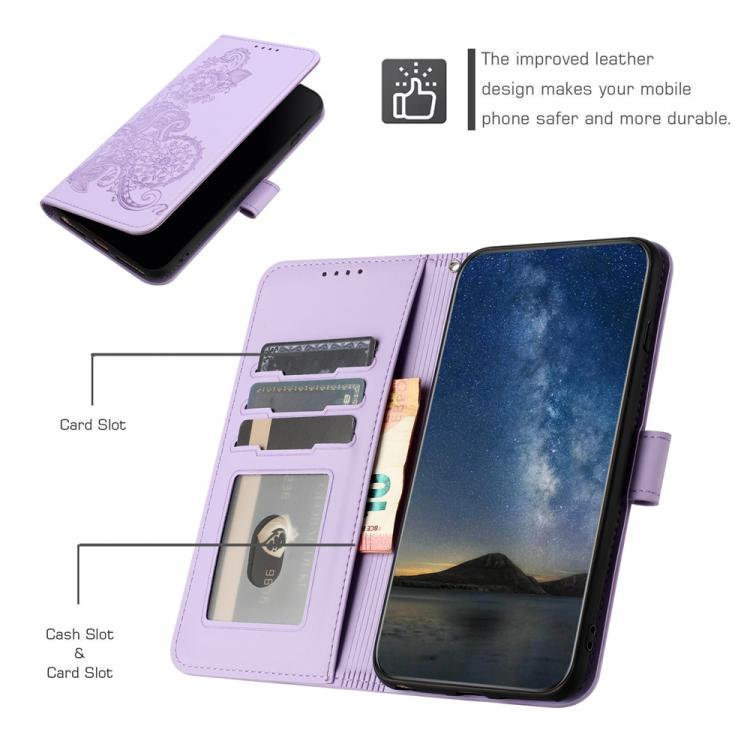 Funda de Cuero con Tapa para Teléfono Itel A50C con Relieve Flor de Datura (Morado)