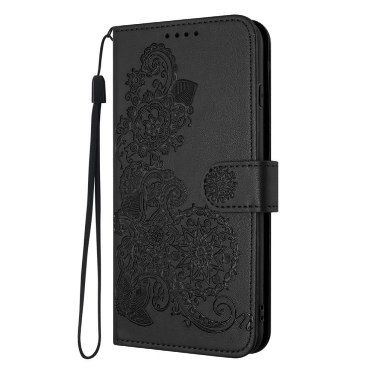 Funda de Cuero con Tapa para Itel A50C Diseño Flor de Datura en Relieve (Negra)