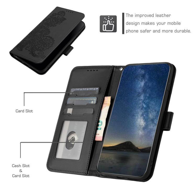 Funda de Cuero con Tapa para Itel A50C Diseño Flor de Datura en Relieve (Negra)