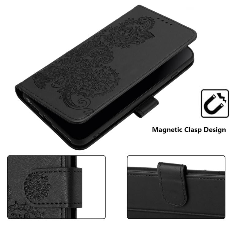 Funda de Cuero con Tapa para Itel A50C Diseño Flor de Datura en Relieve (Negra)