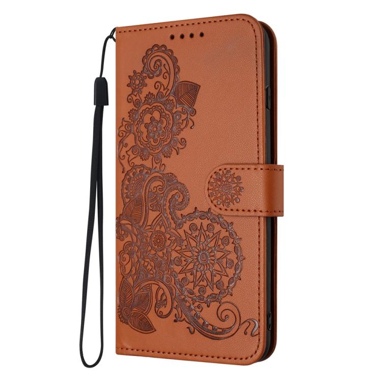 Funda de Cuero con Tapa para Teléfono Itel A80 con Relieve Flor de Datura (Marrón)