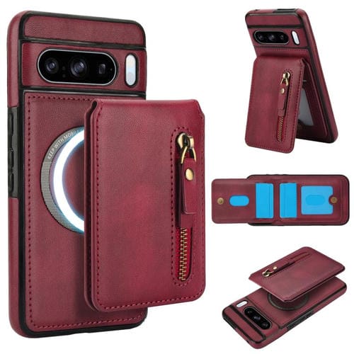 Funda de Cuero con Tapa Trasera Magsafe Dividida y Cremallera para Google Pixel 8 Pro (Rojo)
