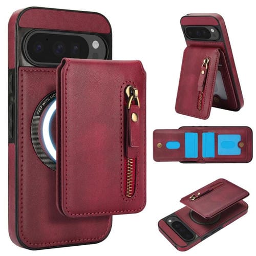 Funda de Cuero con Tapa Trasera Magsafe Dividida y Cremallera para Google Pixel 9 Pro XL (Rojo)