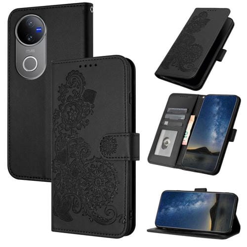 Funda de Cuero con Tapa y Relieve de Flor de Datura para Vivo V50 (Negra)