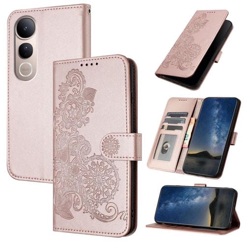 Funda de Cuero con Tapa y Relieve de Flor de Datura para Vivo V50 Lite 4G/5G (Oro Rosa)