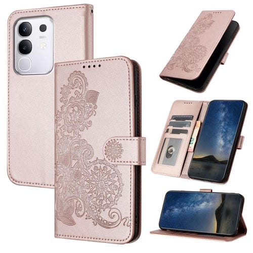 Funda de Cuero con Tapa y Relieve de Flor de Datura para Vivo Y29 4G (Oro Rosa)