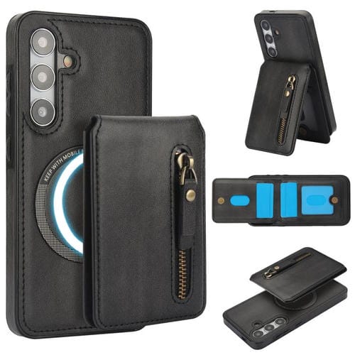 Funda Cuero Samsung Galaxy A55 5G Tapa Trasera Cremallera Ranuras Tarjetas (Negro)