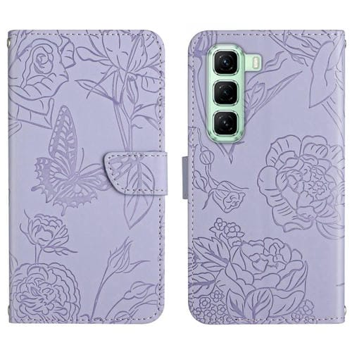 Funda de Cuero con Tapa y Mariposas En Relieve para Infinix Hot 50 4G (Morado)