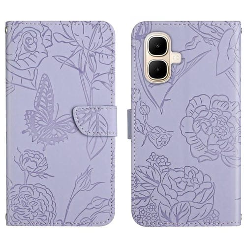 Funda de cuero con tapa y diseño de mariposas en relieve para Infinix Smart 10 4G / Tecno Pop 10 (morado)