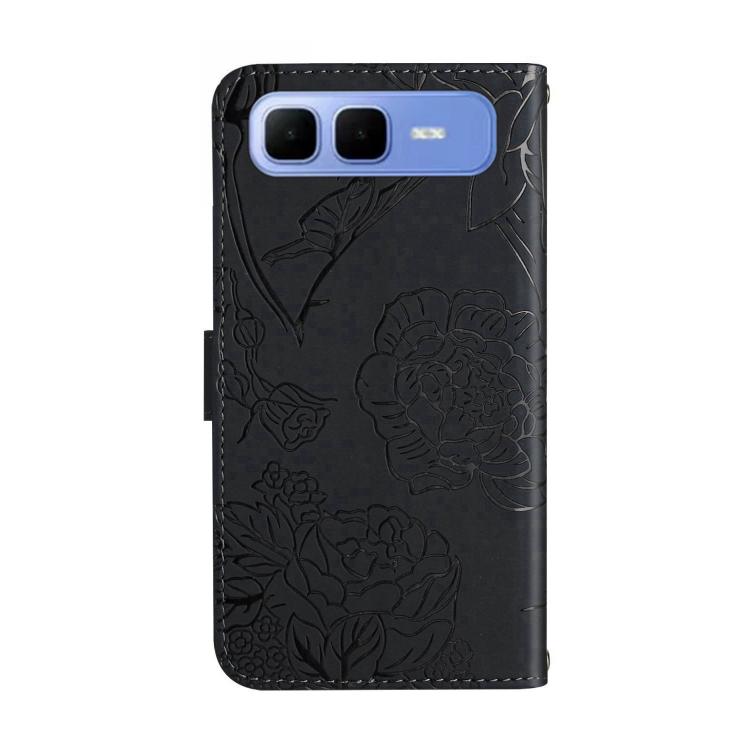 Funda de cuero con tapa y diseño de mariposas en relieve para Infinix Smart 10 Plus 4G (negra)