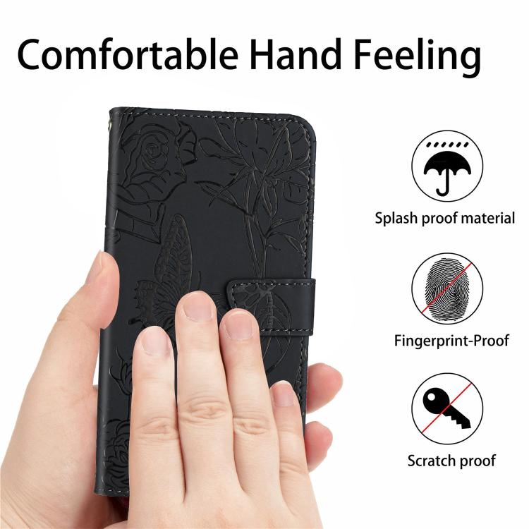 Funda de cuero con tapa y diseño de mariposas en relieve para Infinix Smart 10 Plus 4G (negra)