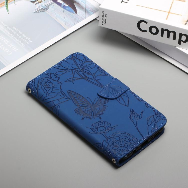 Funda de cuero con tapa y diseño de mariposas en relieve para Infinix Smart 10 Plus 4G (azul)